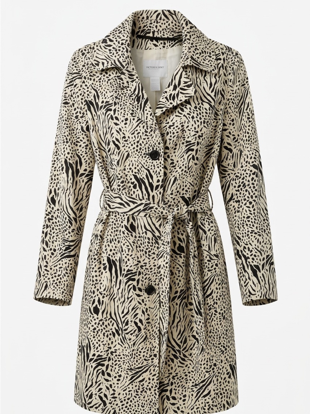 Votre Nom Beige and Black Printed Silky Belted Trench Coat